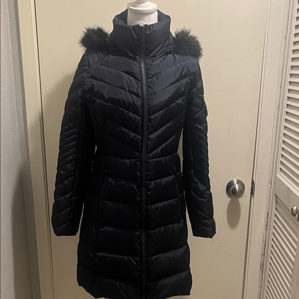 Michael Kors Black Quilted Long Puffer Coat with Faux Fur Hood Sz S